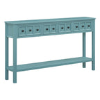 Table console rustique turquoise et verte en pin de 60, avec 4 tiroirs, étagère inférieure et finition vieillie pour entrée