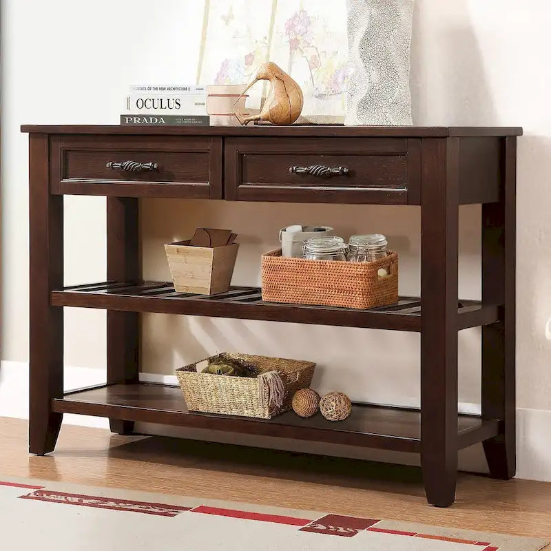 Console Sofa Table with 2 Storage Drawers and 2 Tiers Shelves, Mid-Century Style 42 Solid Wood Buffet Sideboard
