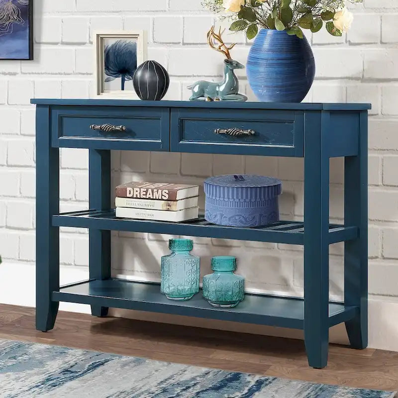 Console Sofa Table with 2 Storage Drawers and 2 Tiers Shelves, Mid-Century Style 42 Solid Wood Buffet Sideboard