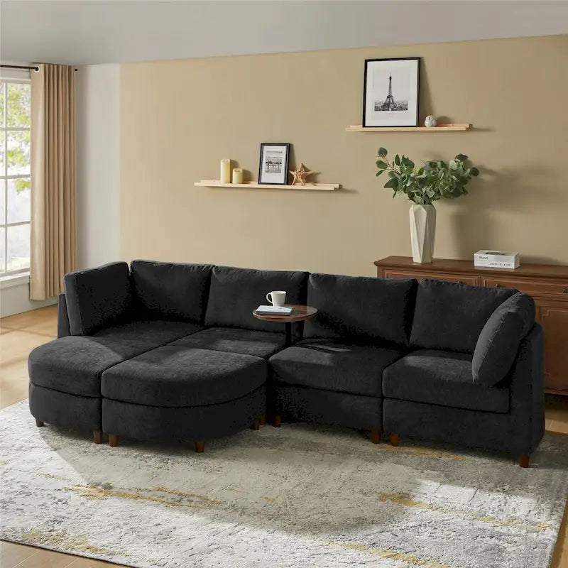Mattia Modern Under-seat Storage Sectional Sofa with Round Table and Solid Wood Legs