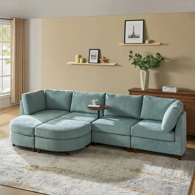 Mattia Modern Under-seat Storage Sectional Sofa with Round Table and Solid Wood Legs