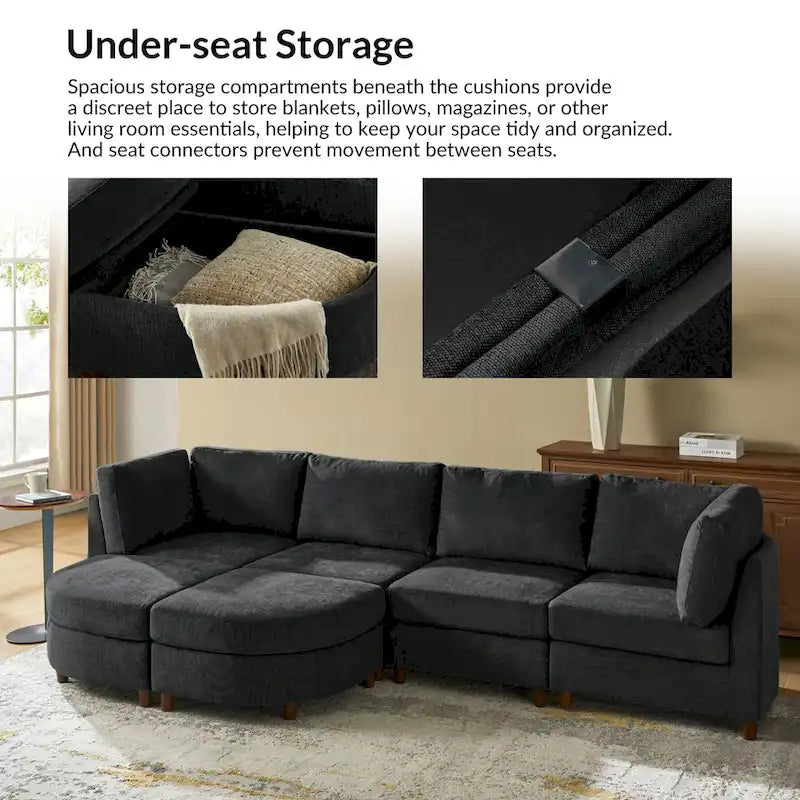Mattia Modern Under-seat Storage Sectional Sofa with Round Table and Solid Wood Legs