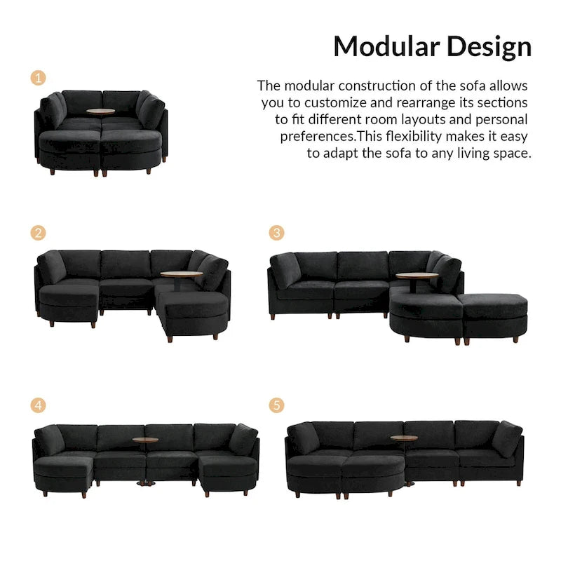 Mattia Modern Under-seat Storage Sectional Sofa with Round Table and Solid Wood Legs